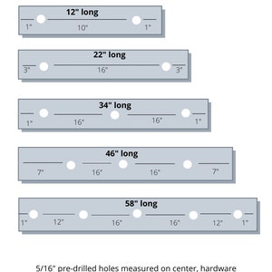 May include: Diagram showing the placement of pre-drilled holes for shelves and ledges in various lengths, from 12 inches to 58 inches. The diagram shows the distance between the holes and the edges of the shelf or ledge. The text "5/16" pre-drilled holes measured on center, hardware available for wall stud or drywall installation" is at the bottom of the diagram.