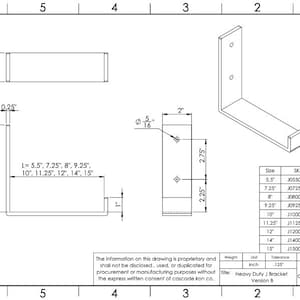 technical drawing spec sheet diagram with dimensions for heavy duty j bracket for shelves made with 2" wide steel - cascade iron company