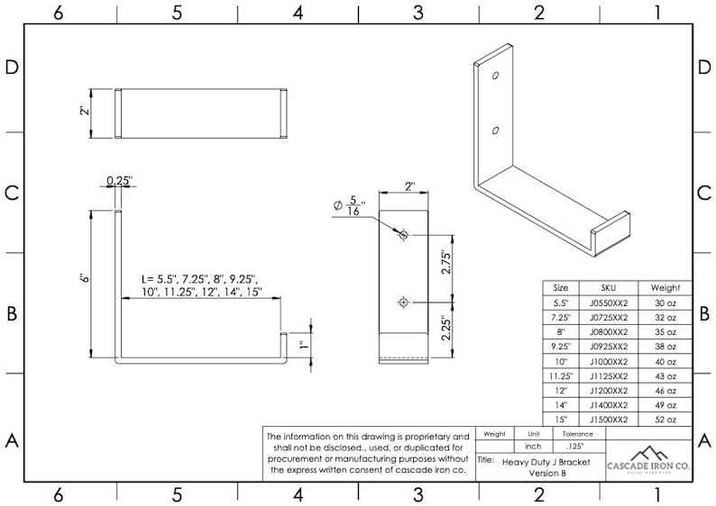 technical drawing spec sheet diagram with dimensions for heavy duty j bracket for shelves made with 2" wide steel - cascade iron company