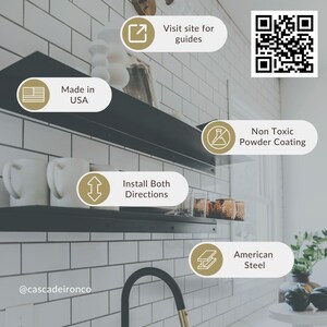 May include: Black metal shelves with a white tile backsplash. The shelves are labeled "Install Both Directions" and "Non Toxic Powder Coating". The shelves are made in the USA and are made of American steel. A QR code is in the top right corner of the image.