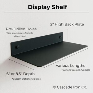 Photo Graphic of Display Shelf with labeled parts: 2" high back plate, various depths and lengths, pre-drilled holes