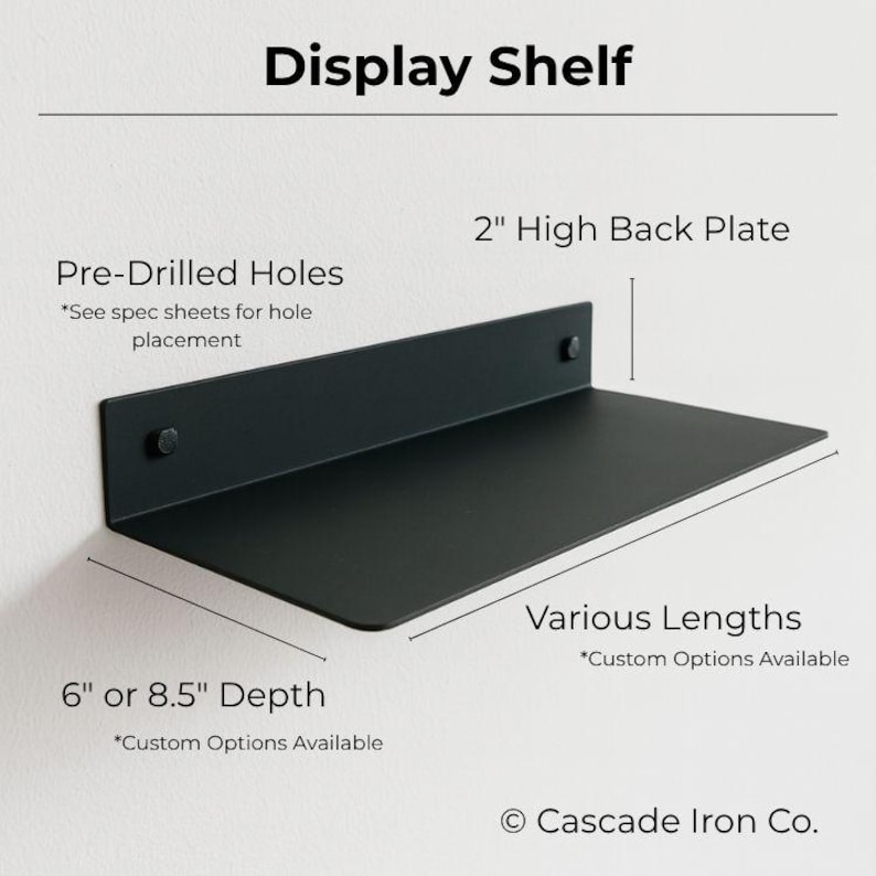 Photo Graphic of Display Shelf with labeled parts: 2" high back plate, various depths and lengths, pre-drilled holes