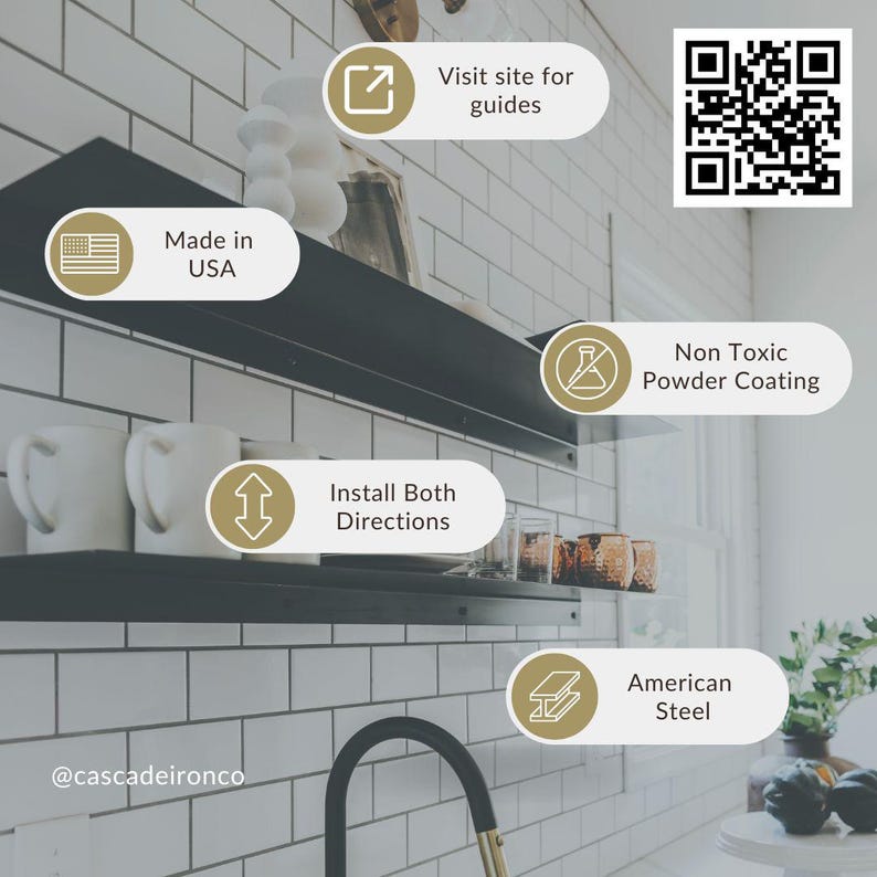 Black metal shelves with a white tile backsplash. The shelves are labeled "Install Both Directions" and "Non Toxic Powder Coating". The shelves are made in the USA and are made of American steel. A QR code is in the top right corner of the image.