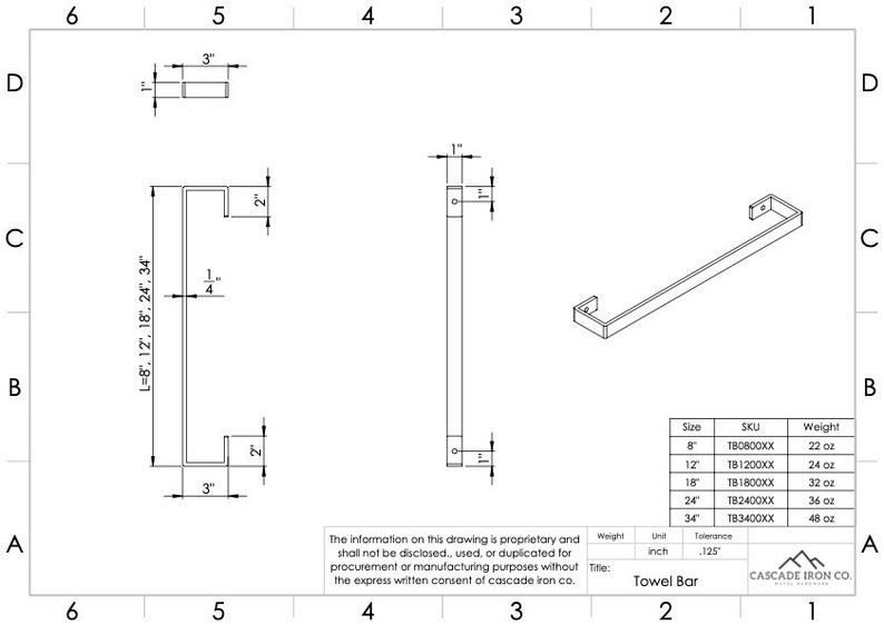 line drawing with utensil bar rack measurements - cascade iron co
