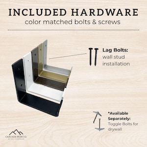 Heavy duty j shelf bracket diagram with color matched hardware. Text reads: included hardware, lag bolts and available hardware