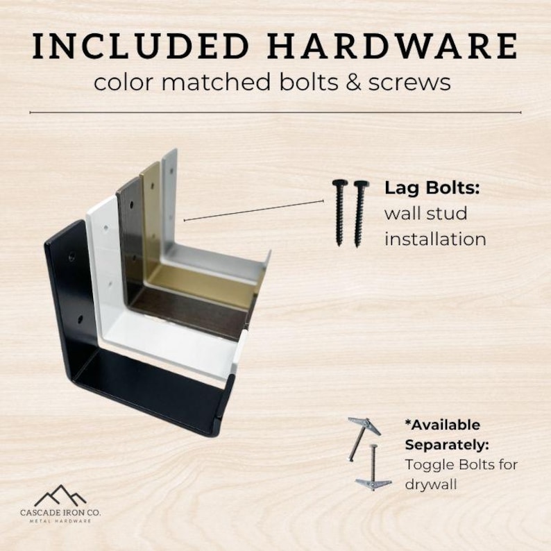 Heavy duty j shelf bracket diagram with color matched hardware. Text reads: included hardware, lag bolts and available hardware