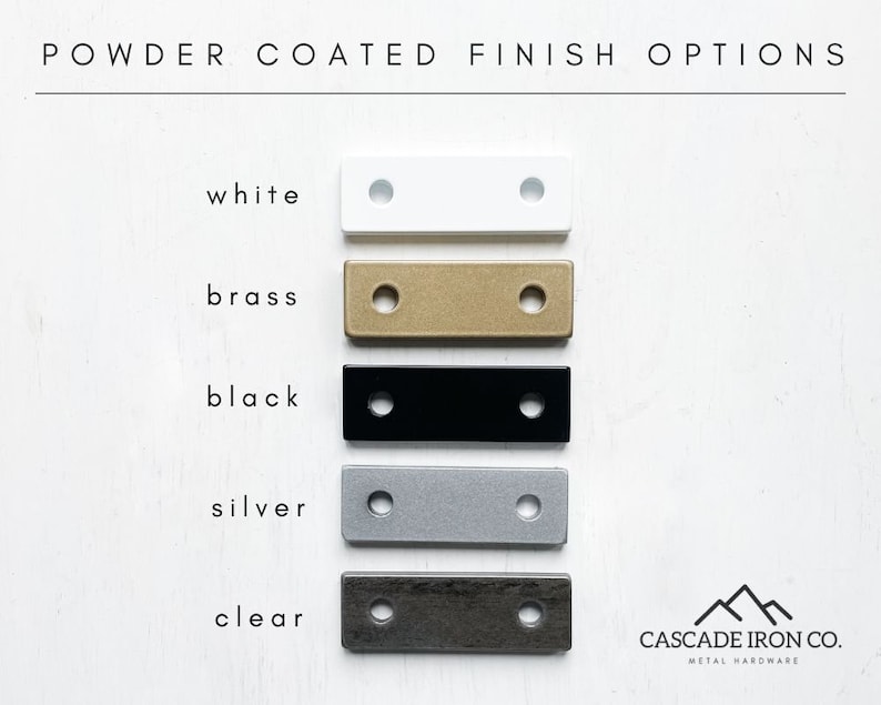 cascade iron co. metal finishes: white, brass, black, silver, clear coated steel