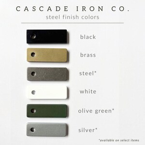 metal finish colors for cascade iron co. including black, brass, steel, white, olive green, and silver