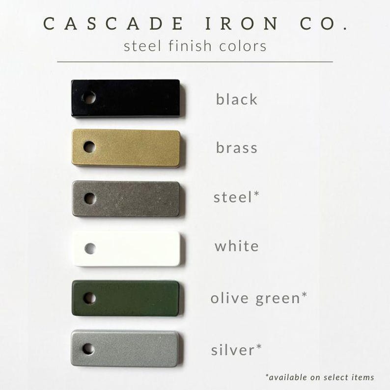 metal finish colors for cascade iron co. including black, brass, steel, white, olive green, and silver