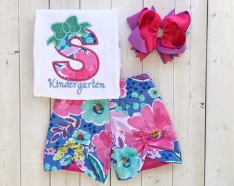 Back To School Outfit For Girls, Embroidered Initial, Back To School, Preschool Outfit, First Day of School, Girls Shirt, First Grade