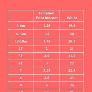 Pu&ograve; includere: Una tabella di taglie per pantaloncini, che mostra la lunghezza interna del pantalone finita e le misure in vita in pollici. La tabella include le taglie da 3-6 mesi a taglia 10.