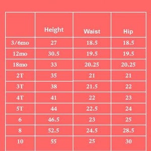 May include: A size chart for ruffle shorties, showing measurements in inches for height, waist, and hip. Sizes range from 3/6 months to 10 years.