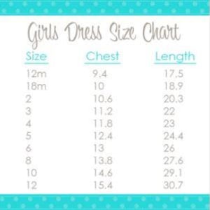 Peut inclure: Tableau des tailles de robes pour filles avec des mesures en pouces pour la poitrine et la longueur. Les tailles vont de 12 mois &agrave; 12 ans.