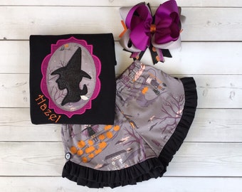Embroidered Witch Shirt, Halloween Outfit for Girls, Girls Halloween Outfit, Girls Halloween shirt, Halloween Short Set, First Halloween Set