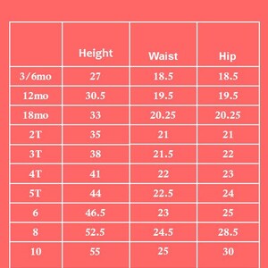 May include: A size chart for ruffle shorties, showing measurements in inches for height, waist, and hip. Sizes range from 3/6 months to 10 years.