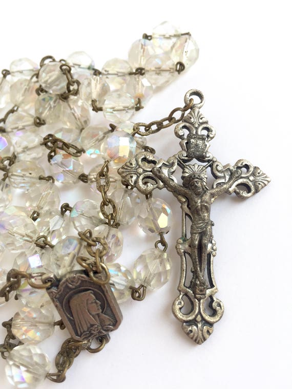 Vintage Clear Glass Silver Tone Rosary