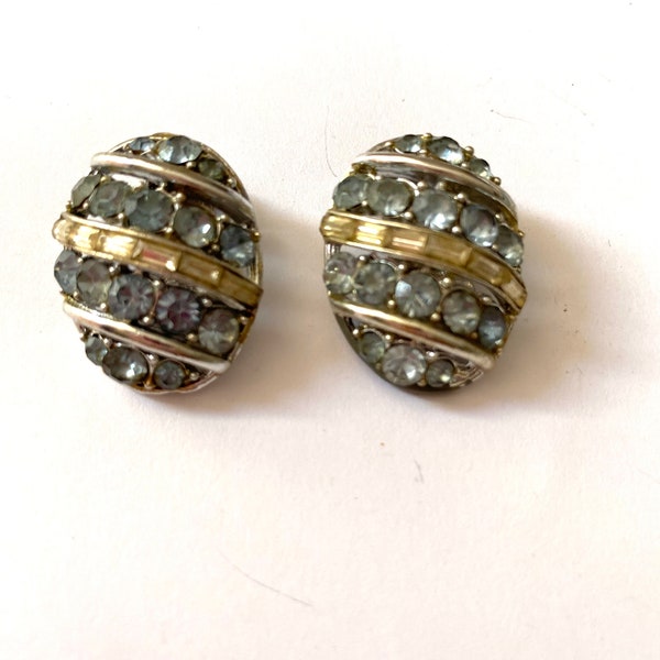 Vintage CORO Blue Round Rhinestone and Baguette Clear Rhinestone Silver Tone Clip On Earrings