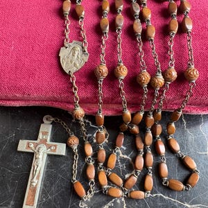 Vintage Brown Color Wood Beads Silver Tone Rosary France (dark roast coffee color)