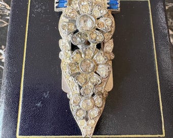 Broken Vintage Art Deco Clear and Blue Rhinestone Floral Dress Clip