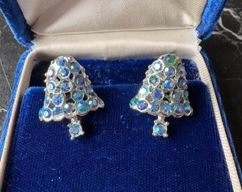 Vintage Dodds Aurora blauwe strassteentjes bel bewegende klepel zilverkleurige schroefoorbellen aan de achterkant