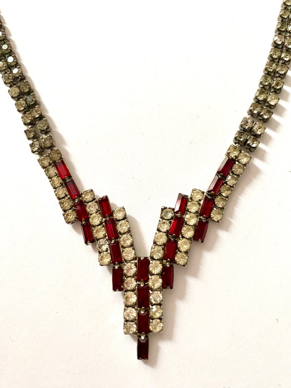 Vintage Art Deco Red and Clear Rhinestones Silver 