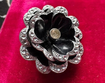Vintage Black Metal Flower Pin Brooch - Slovakia