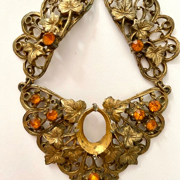 Antique Vintage Czech Filigree Orange Rhinestone and Leaves Brass Gold Tone Bib Necklace from the 30s (Missing center stone)