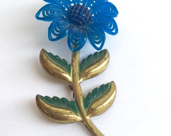 Vintage Art Deco Blue Flower Brooch from the 1930s