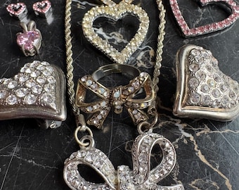 Destash Repurpose Repair Lot of Vintage Jewelry Parts For Your Project (clear and pink rhinestone heart bow ribbon parts set)