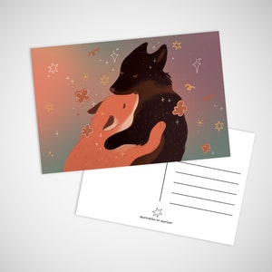 Deux renards enlacés | carte postale illustrée | impression d'art | 'Câlins chaleureux'