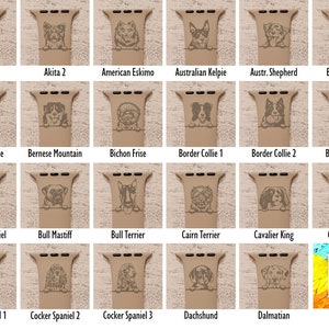 May include: A collection of 36 different dog breed illustrations, each shown as a close-up of the dog's head. The illustrations are engraved on a brown leather-like material, likely for use as watch bands.