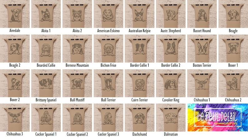 May include: A collection of 36 different dog breed illustrations, each shown as a close-up of the dog's head. The illustrations are engraved on a brown leather-like material, likely for use as watch bands.