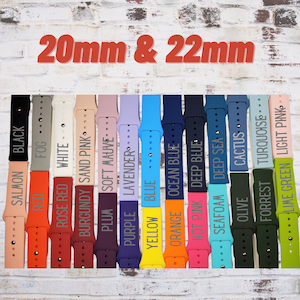 May include: A variety of 20mm and 22mm watch bands in different colors, including salmon, black, fog, rose red, white, burgundy, sand pink, plum, soft mauve, purple, lavender, yellow, blue, orange, ocean blue, hot pink, deep blue, seafoam, deep sea, olive, cactus, forest, turquoise, lime green, and light pink.