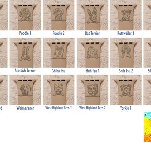 May include: A chart of 20 different dog breeds, each represented by a small engraved image on a brown leather watch band. The breeds include Pointer, Pomeranian, Poodle, Rat Terrier, Rottweiler, Saint Bernard, Schnauzer, Scottish Terrier, Shiba Inu, Shih Tzu, Siberian Husky, Staffordshire Bull Terrier, Swiss Shepherd, Weimaraner, West Highland Terrier, and Yorkie.
