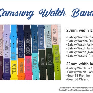 May include: A variety of 20mm and 22mm silicone watch bands in different colors. The bands are compatible with Samsung Galaxy Watch models, including the Galaxy Watch4 Classic, Galaxy Watch4, Galaxy Watch Active 2, Galaxy Watch Active, Galaxy Watch, Galaxy Watch3, and Gear S3 Frontier and Classic.