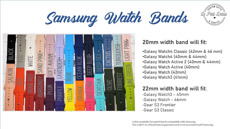 May include: A variety of 20mm and 22mm silicone watch bands in different colors. The bands are compatible with Samsung Galaxy Watch models, including the Galaxy Watch4 Classic, Galaxy Watch4, Galaxy Watch Active 2, Galaxy Watch Active, Galaxy Watch, Galaxy Watch3, and Gear S3 Frontier and Classic.