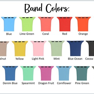 Pode incluir: Um gr&aacute;fico que mostra 24 cores diferentes de pulseiras de rel&oacute;gio. As cores incluem preto, branco, azul, verde lim&atilde;o, coral, vermelho, laranja, lavanda, rosa areia, nevoeiro, noz, amarelo, rosa claro, menta, azul oceano, castanho cacau, rosa, roxo, rosa vermelho, azul jeans, hortel&atilde;, fruta do drag&atilde;o, azul-de-lis, verde pinho, c&aacute;qui e azul surf.