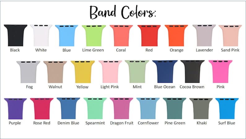 Pode incluir: Um gr&aacute;fico que mostra 24 cores diferentes de pulseiras de rel&oacute;gio. As cores incluem preto, branco, azul, verde lim&atilde;o, coral, vermelho, laranja, lavanda, rosa areia, nevoeiro, noz, amarelo, rosa claro, menta, azul oceano, castanho cacau, rosa, roxo, rosa vermelho, azul jeans, hortel&atilde;, fruta do drag&atilde;o, azul-de-lis, verde pinho, c&aacute;qui e azul surf.