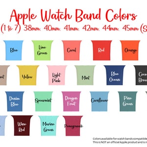 May include: A chart displaying Apple Watch band colours available in various sizes, including 38mm, 40mm, 41mm, 42mm, 44mm, and 45mm. The colours include black, white, blue, lime green, coral, red, orange, lavender, sand pink, fog, walnut, yellow, light pink, mint, blue ocean, cocoa brown, pink, purple, rose red, denim blue, spearmint, dragon fruit, cornflower, pine green, khaki, surf blue, teal, lilac, wine red, marine green, and pomegranate.