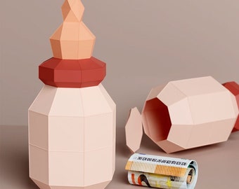 Manualidad de papel con biberón, regalo de baby shower, plantilla de caja de golosinas, plantilla digital, origami, descarga PDF DIY, Low Poly, escultura, modelo