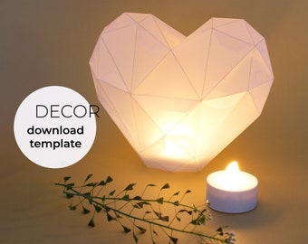 Paper heart storm lantern, Papercraft heart decoration, 3d PDF template