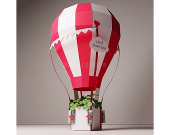 Artesanía de papel con globo aerostático, dinero de regalo de boda, plantilla digital, origami, descarga PDF DIY, Low Poly, escultura, modelo