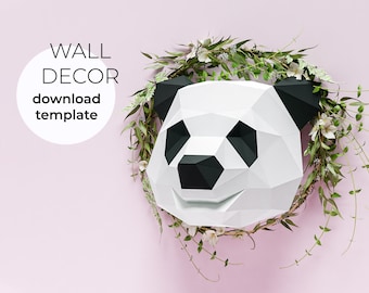 Linda cabeza de Panda Papercraft, decoración de pared de taxidermia falsa, descargar plantilla PDF