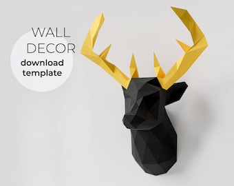 Cabeza de ciervo de Papercraft, ciervo de taxidermia falsa, ciervo trofeo de papel, plantilla PDF 3D de Papercraft