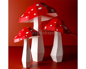 Manualidad de papel con hongos en 3D, amanita muscaria de papel, amanita de papel, decoración otoñal de baja poli, plantilla en PDF, regalo para artesanos
