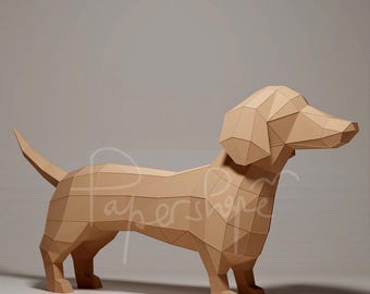 Plantilla PDF de perro salchicha de papel: modelo de perro 3D DIY de baja poligonización, para amantes de las manualidades y la decoración del hogar