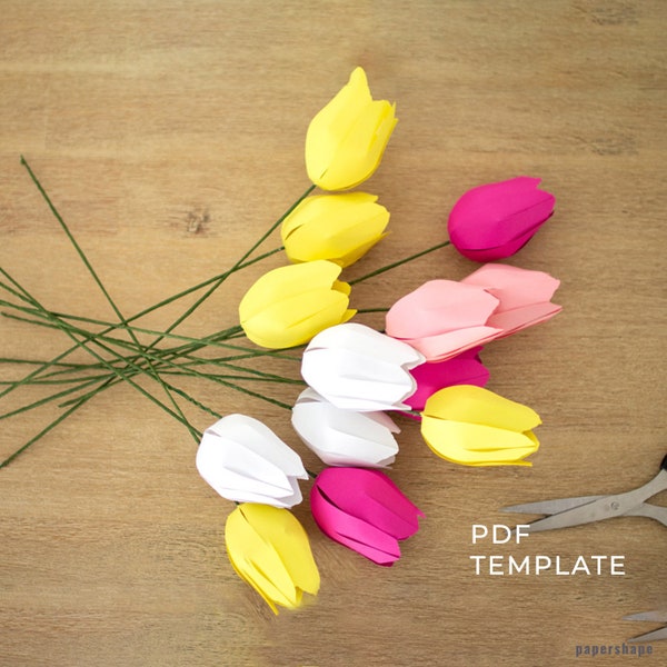 Paper tulips template, Paper flower bouquet, faux bouquet greenery, Paper tulips template, Donwload pdf template, Gift for her, Papershape