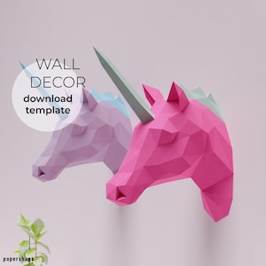 Unicorn Head Wall Paper Craft, Digital Template, Origami, PDF Download DIY, Low Poly, Wall Decor, Girl Decor