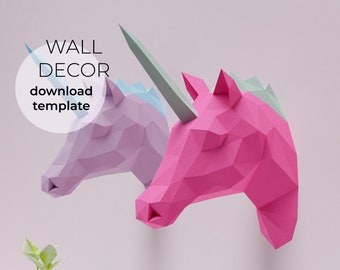 Unicorn Head Wall Paper Craft, Digital Template, Origami, PDF Download DIY, Low Poly, Wall Decor, Girl Decor