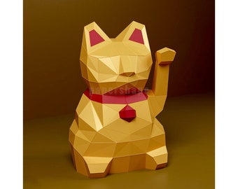 Manualidad de papel del gato de la suerte Maneki Neko, manualidad de papel china de baja poli, plantilla en PDF, decoración del hogar con manualidades de papel